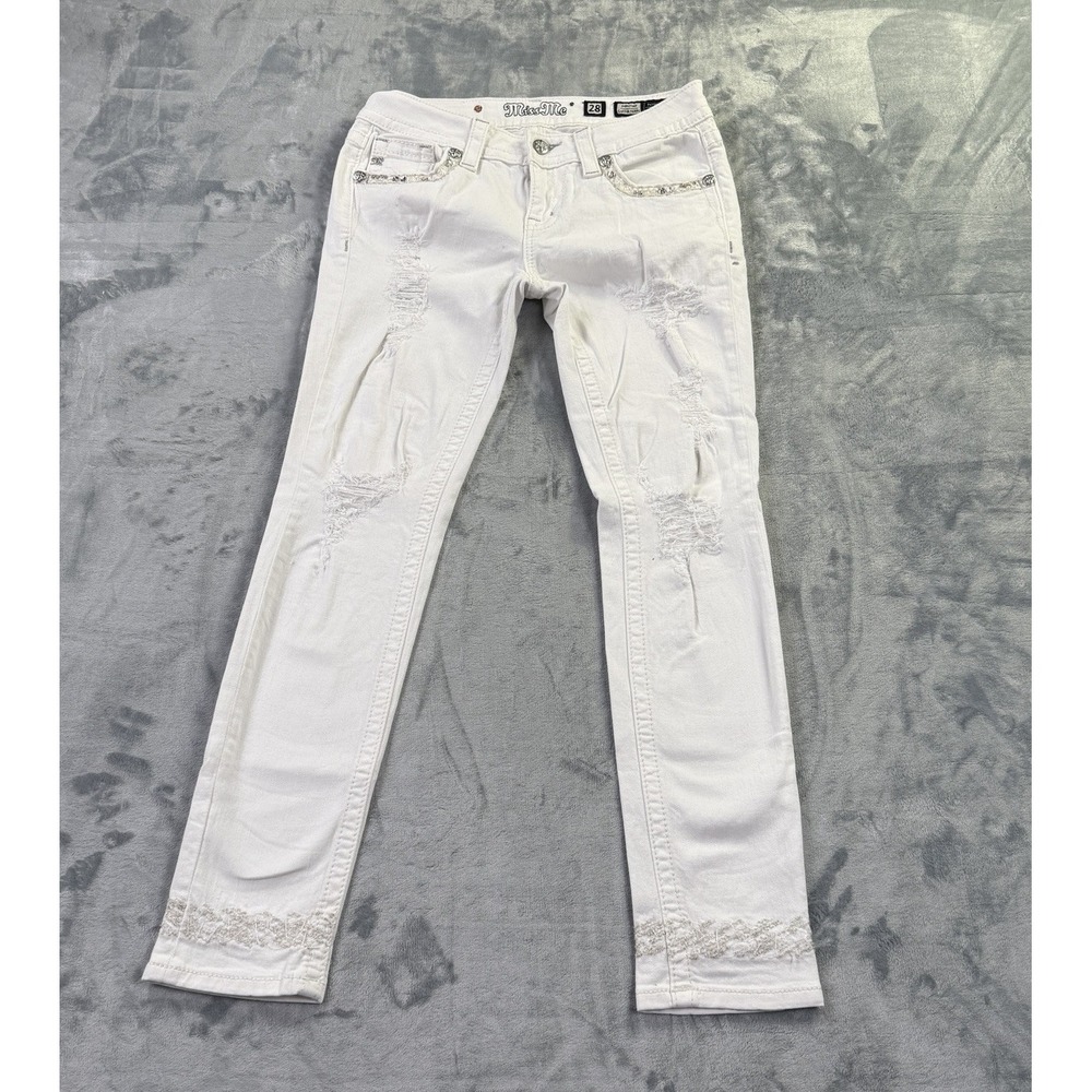Miss Me White Skinny Jeans Womens 28 Signature Cuffed Rhinestone Distressed
